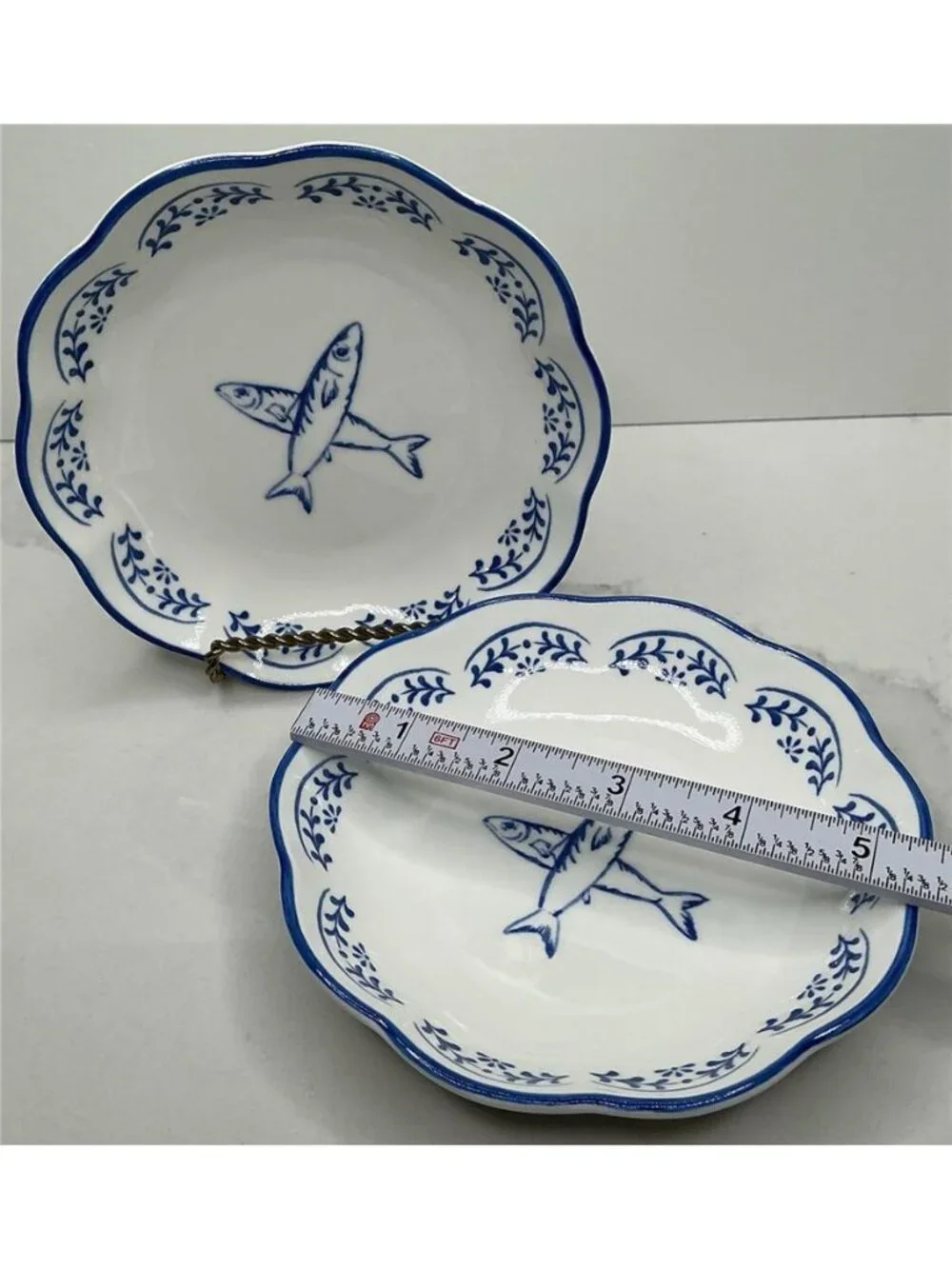 2 Small Cat Bowl, Pet Bowl, Pretty Blue & White Pet Food Dish FISH Ceramic New